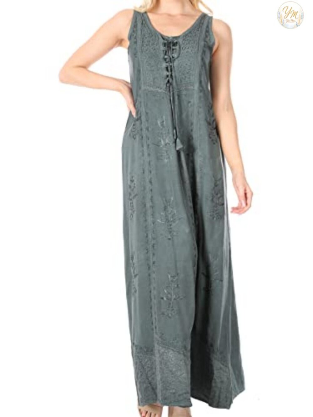 Sakka Stella Embroidered Caftan Corset Tank Maxi Dress Stonewashed Rayon